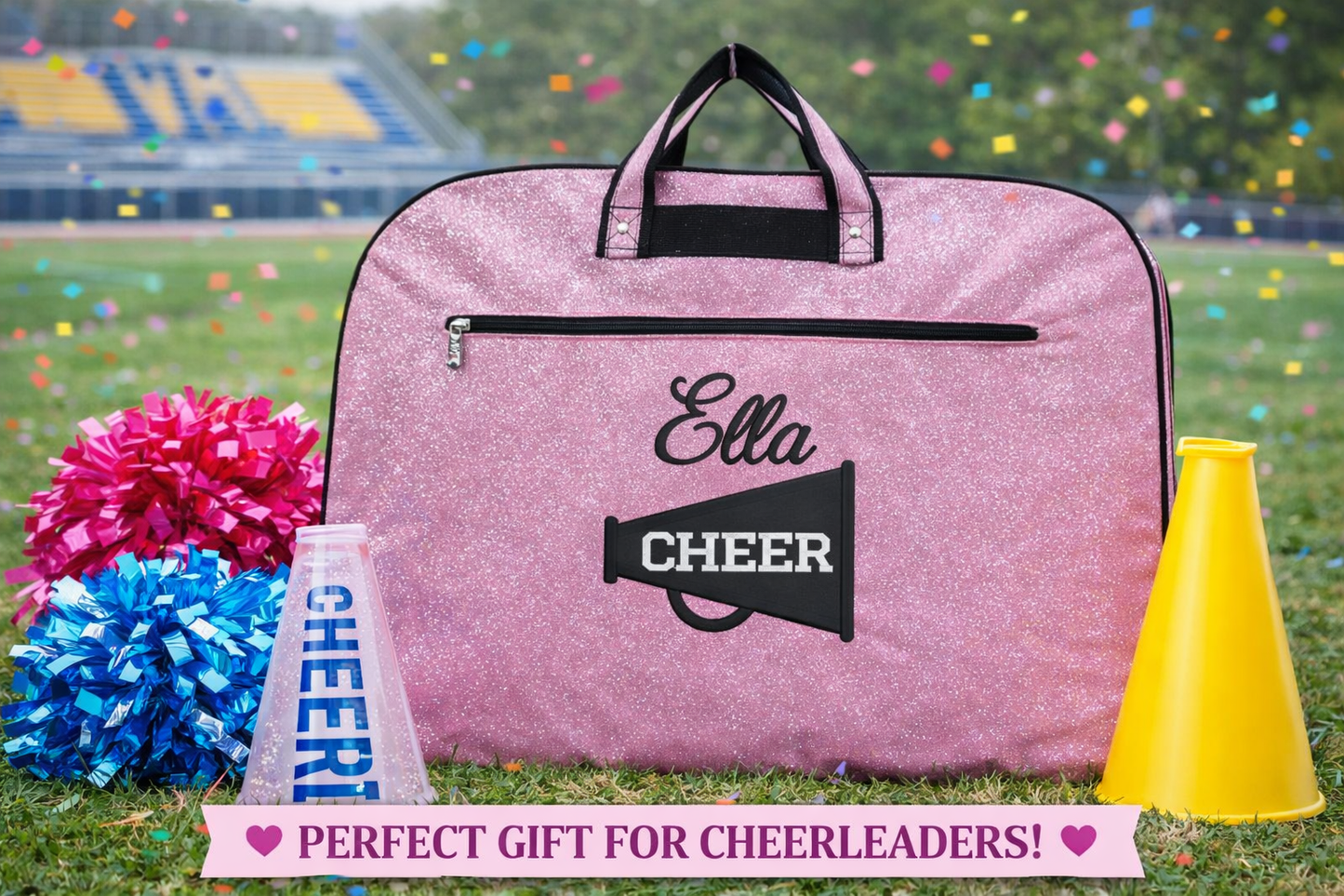 Personalized Pink Glitter Cheer Garment Bag – Custom Name Cheerleader Travel Garment Bag with Megaphone Design