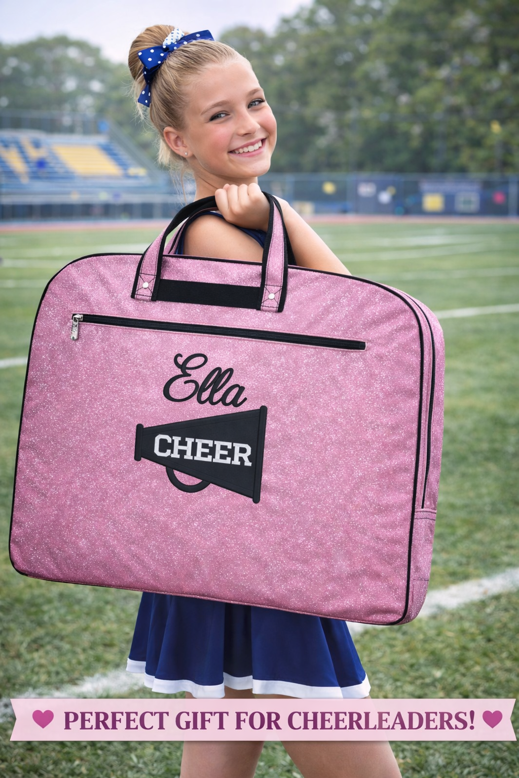 Personalized Pink Glitter Cheer Garment Bag – Custom Name Cheerleader Travel Garment Bag with Megaphone Design