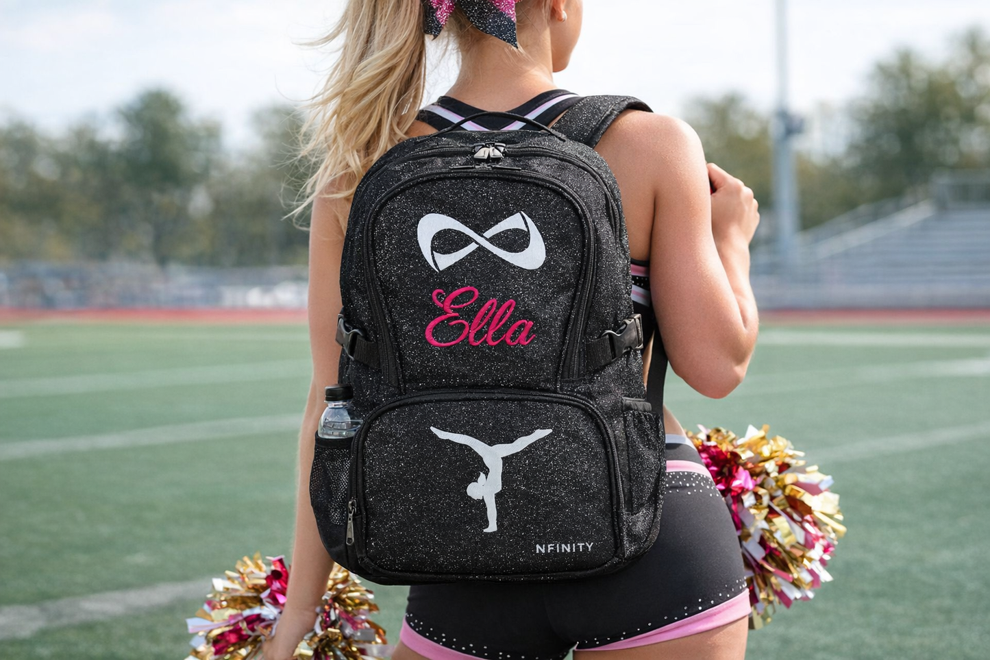 Personalized Nfinity Black Sparkle Cheer Backpack – Custom Name Cheer Bag with Laptop Sleeve