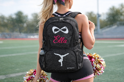 Personalized Nfinity Black Sparkle Cheer Backpack – Custom Name Cheer Bag with Laptop Sleeve