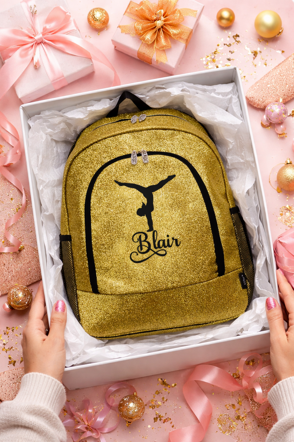 Personalized Cheer Backpack – Gold Glitter Cheerleading Bag with Name (Handstand Pose Design)