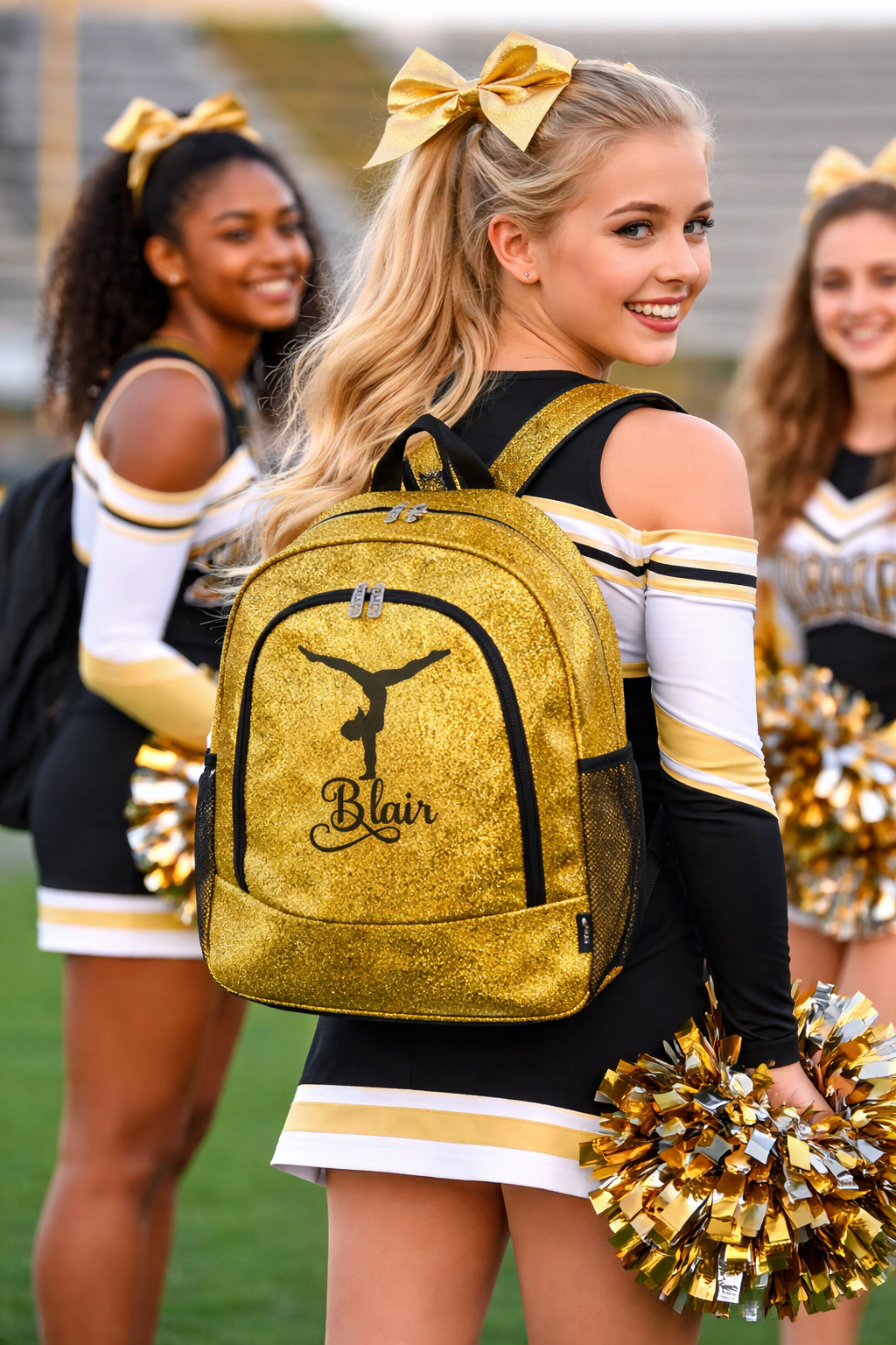 Personalized Cheer Backpack – Gold Glitter Cheerleading Bag with Name (Handstand Pose Design)