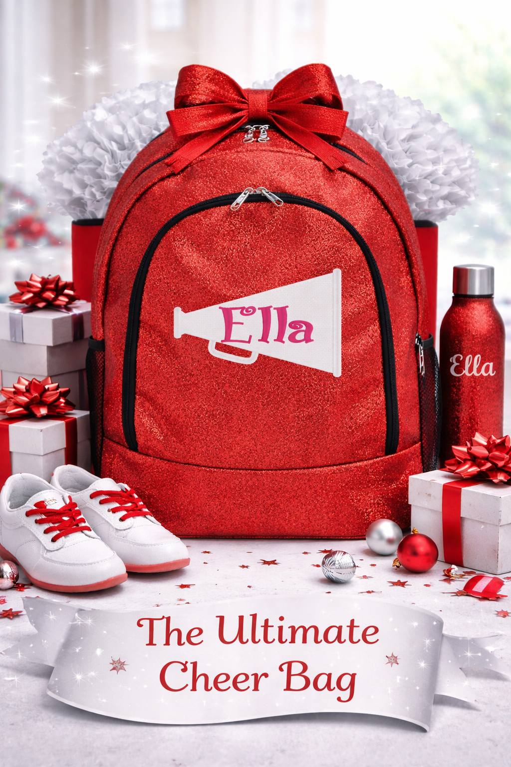 Personalized Cheer Backpack – Red Glitter Cheer Bag with Name (Megaphone Design)