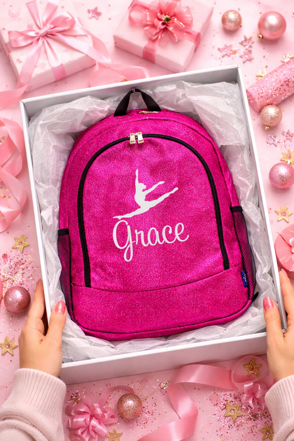 Personalized Cheer Backpack – Hot Pink Glitter Cheerleading Bag with Name (Leap Pose Design)