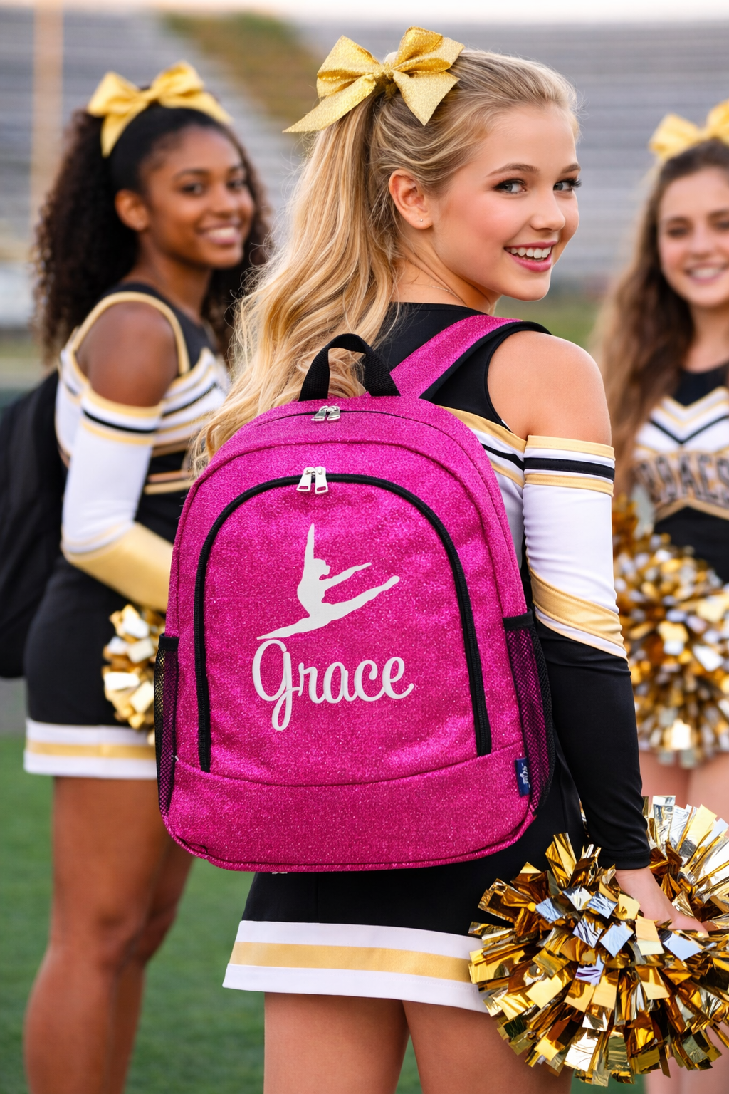 Personalized Cheer Backpack – Hot Pink Glitter Cheerleading Bag with Name (Leap Pose Design)