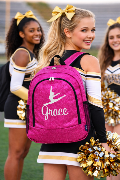 Personalized Cheer Backpack – Hot Pink Glitter Cheerleading Bag with Name (Leap Pose Design)