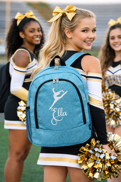Personalized Cheer Backpack – Turquoise Glitter Cheerleading Bag with Name (Leap Pose Design)