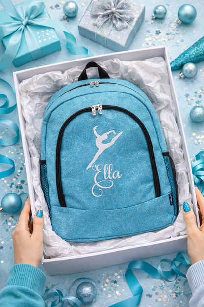 Personalized Cheer Backpack – Turquoise Glitter Cheerleading Bag with Name (Leap Pose Design)