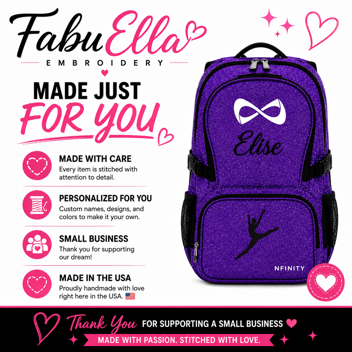 Personalized Purple Nfinity Cheer Backpack | Custom Embroidered Glitter Competition Bag