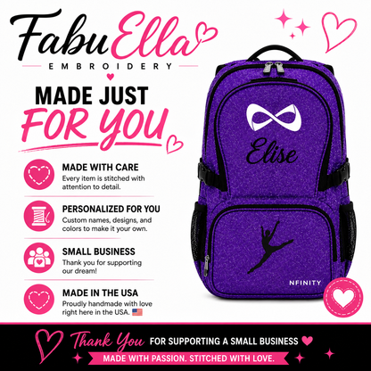 Personalized Purple Nfinity Cheer Backpack | Custom Embroidered Glitter Competition Bag