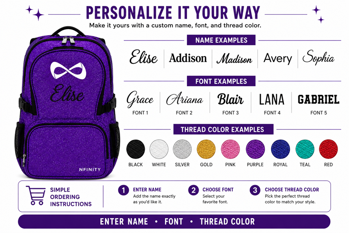 Personalized Purple Nfinity Cheer Backpack | Custom Embroidered Glitter Competition Bag