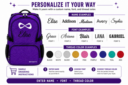 Personalized Purple Nfinity Cheer Backpack | Custom Embroidered Glitter Competition Bag