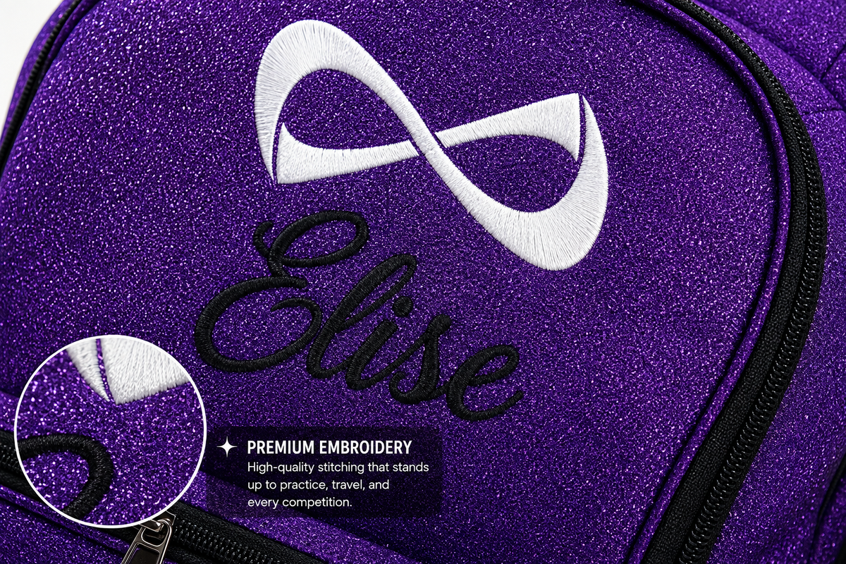 Personalized Purple Nfinity Cheer Backpack | Custom Embroidered Glitter Competition Bag