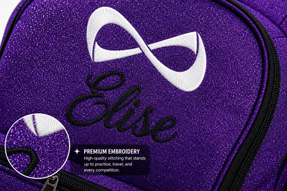 Personalized Purple Nfinity Cheer Backpack | Custom Embroidered Glitter Competition Bag