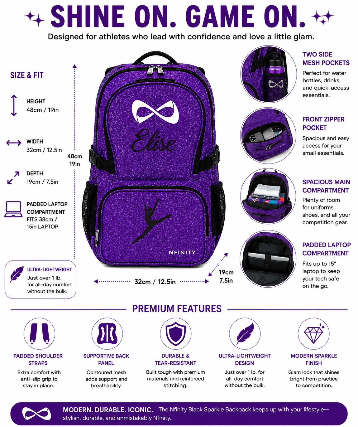 Personalized Purple Nfinity Cheer Backpack | Custom Embroidered Glitter Competition Bag