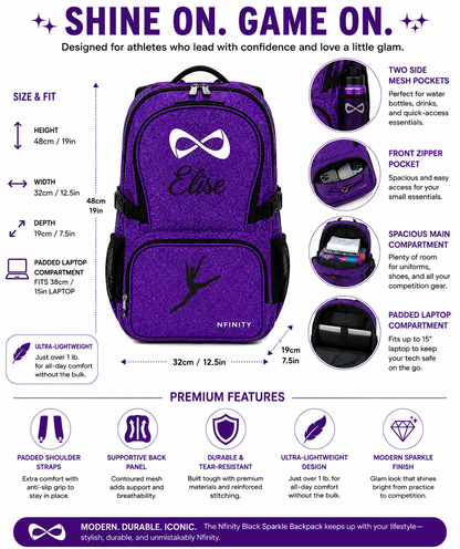 Personalized Purple Nfinity Cheer Backpack | Custom Embroidered Glitter Competition Bag
