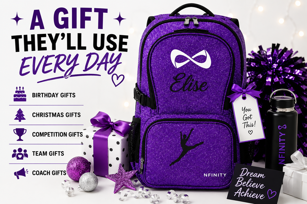 Personalized Purple Nfinity Cheer Backpack | Custom Embroidered Glitter Competition Bag