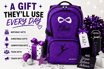 Personalized Purple Nfinity Cheer Backpack | Custom Embroidered Glitter Competition Bag