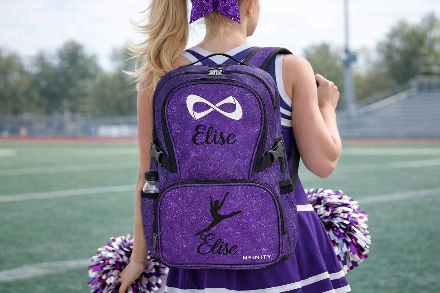Personalized Nfinity Purple Cheer Backpack – Custom Name Sparkle Bag with Double Name Design