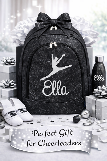 Personalized Cheer Backpack – Black Glitter Cheer Bag with Name (Jump Design)