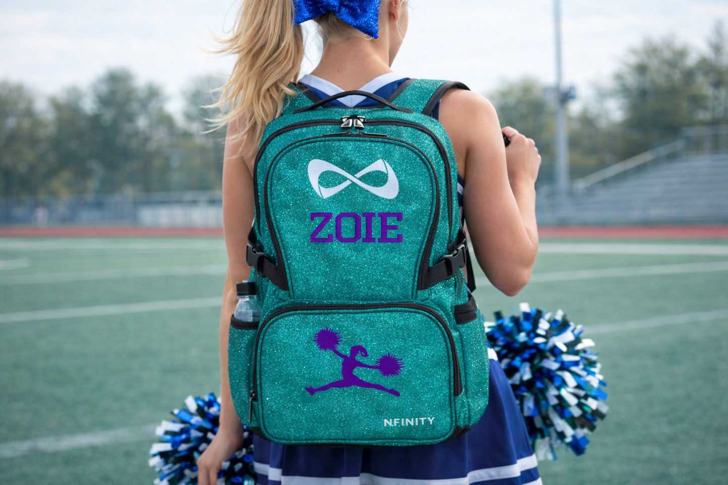 Personalized Nfinity Teal Sparkle Cheer Backpack – Custom Name Cheer Bag with Bold Block Font