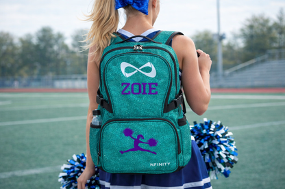 Personalized Nfinity Teal Sparkle Cheer Backpack – Custom Name Cheer Bag with Bold Block Font