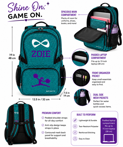 Personalized Teal Nfinity Cheer Backpack | Custom Embroidered Glitter Competition Bag