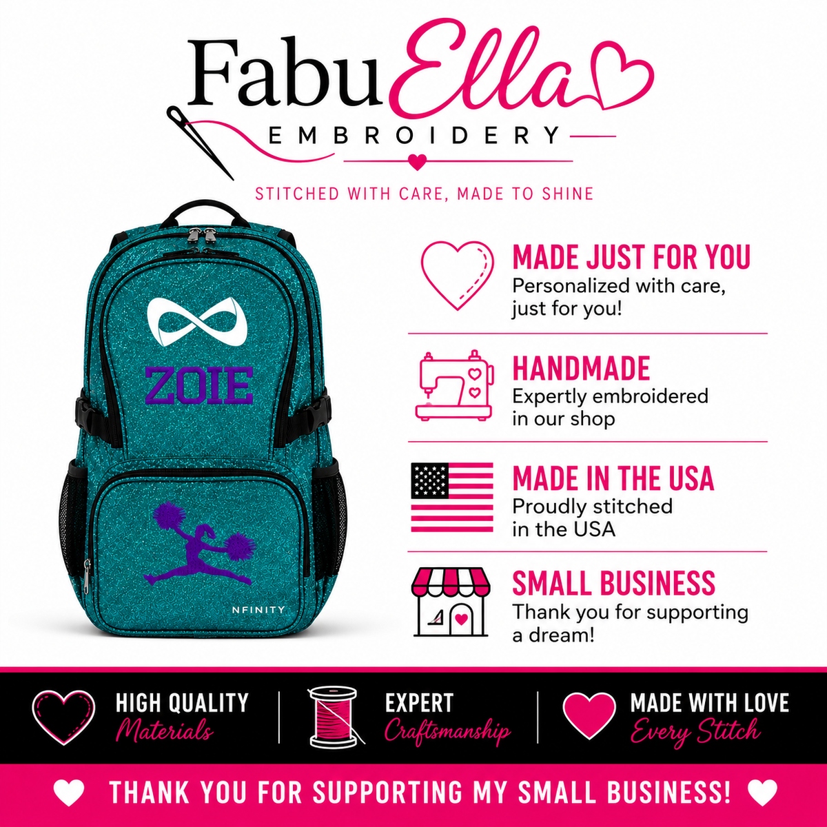 Personalized Teal Nfinity Cheer Backpack | Custom Embroidered Glitter Competition Bag