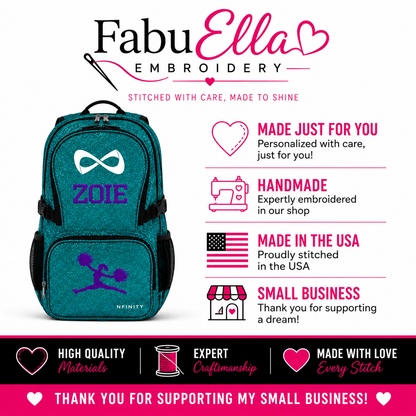 Personalized Teal Nfinity Cheer Backpack | Custom Embroidered Glitter Competition Bag