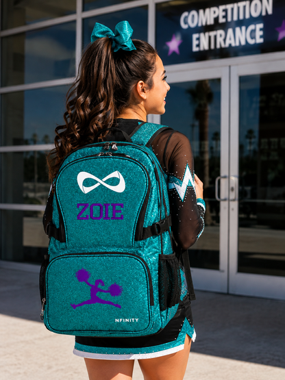 Personalized Teal Nfinity Cheer Backpack | Custom Embroidered Glitter Competition Bag