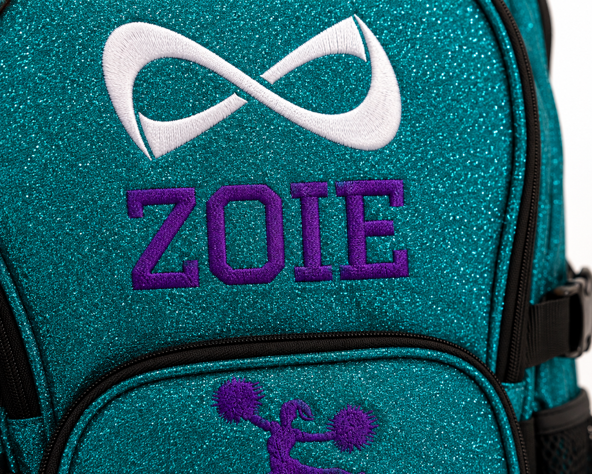 Personalized Teal Nfinity Cheer Backpack | Custom Embroidered Glitter Competition Bag