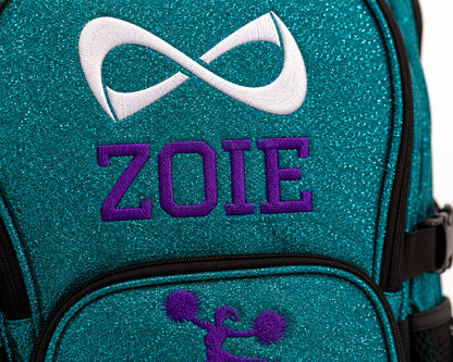 Personalized Teal Nfinity Cheer Backpack | Custom Embroidered Glitter Competition Bag