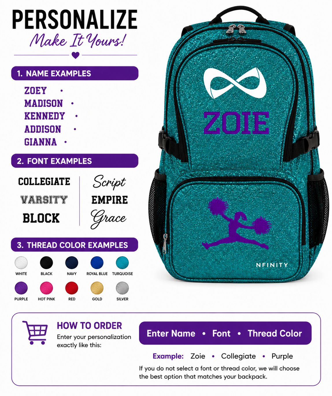 Personalized Teal Nfinity Cheer Backpack | Custom Embroidered Glitter Competition Bag