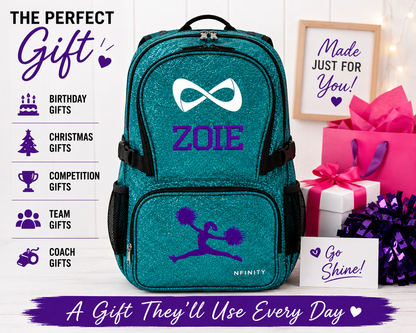 Personalized Teal Nfinity Cheer Backpack | Custom Embroidered Glitter Competition Bag