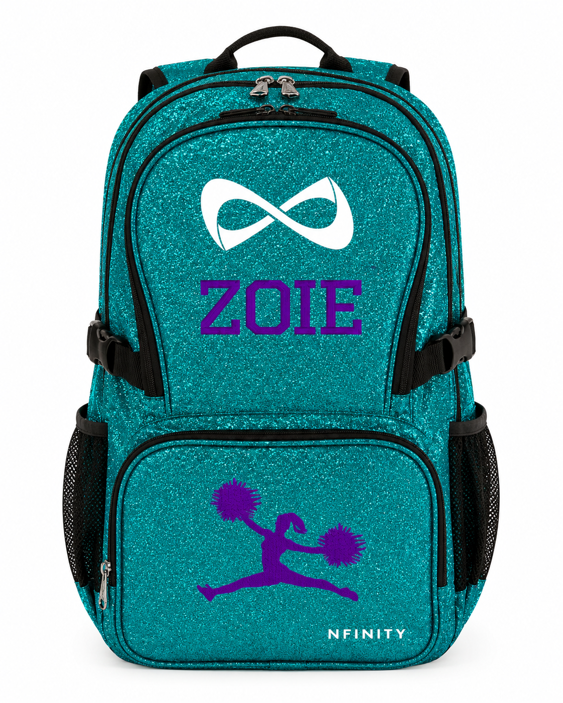 Personalized Teal Nfinity Cheer Backpack | Custom Embroidered Glitter Competition Bag