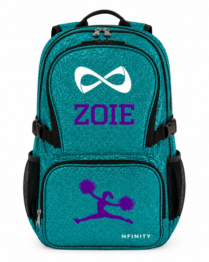 Personalized Teal Nfinity Cheer Backpack | Custom Embroidered Glitter Competition Bag