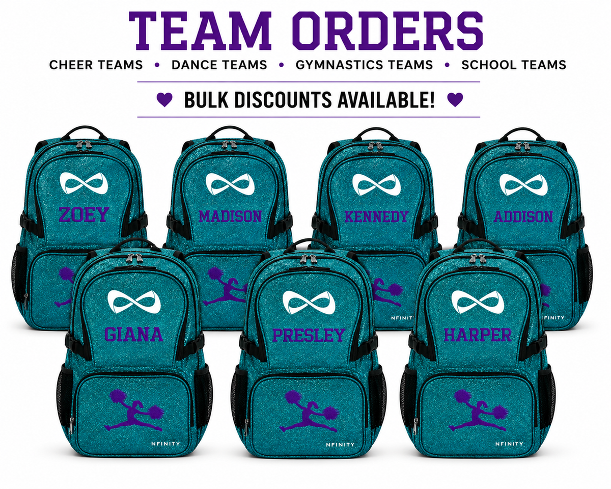 Personalized Teal Nfinity Cheer Backpack | Custom Embroidered Glitter Competition Bag