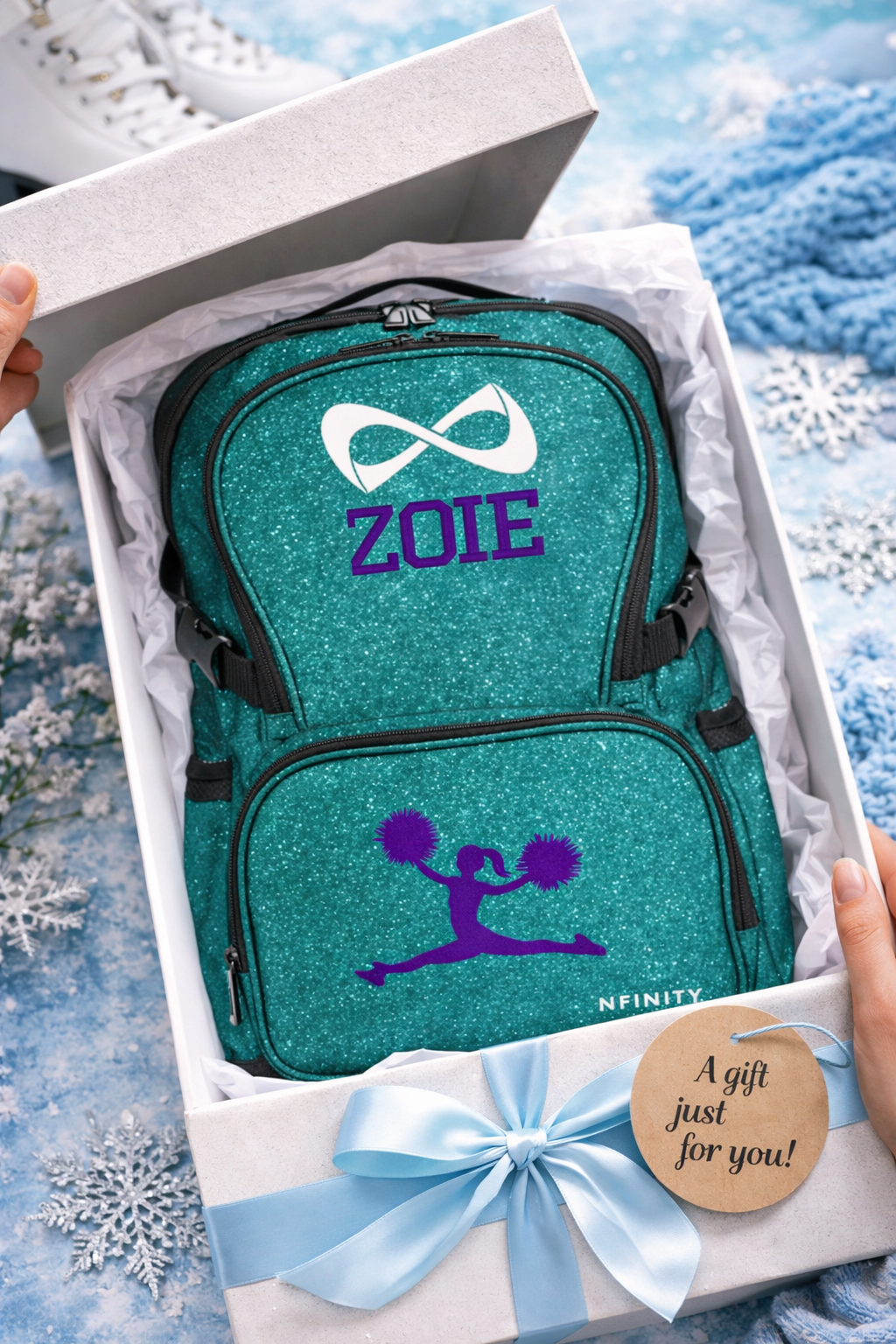 Personalized Nfinity Teal Sparkle Cheer Backpack – Custom Name Cheer Bag with Bold Block Font