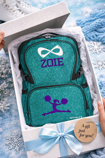 Personalized Nfinity Teal Sparkle Cheer Backpack – Custom Name Cheer Bag with Bold Block Font