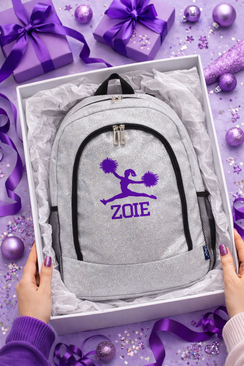 Personalized Cheer Backpack – Silver Glitter Cheerleading Bag with Name (Split Jump Pose Design)