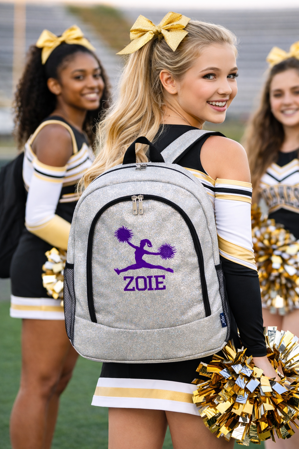 Personalized Cheer Backpack – Silver Glitter Cheerleading Bag with Name (Split Jump Pose Design)