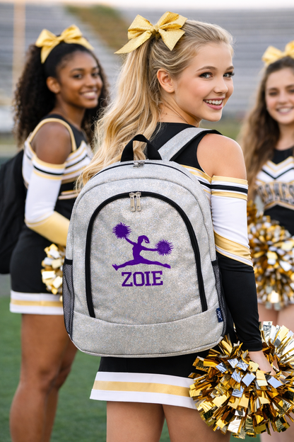 Personalized Cheer Backpack – Silver Glitter Cheerleading Bag with Name (Split Jump Pose Design)