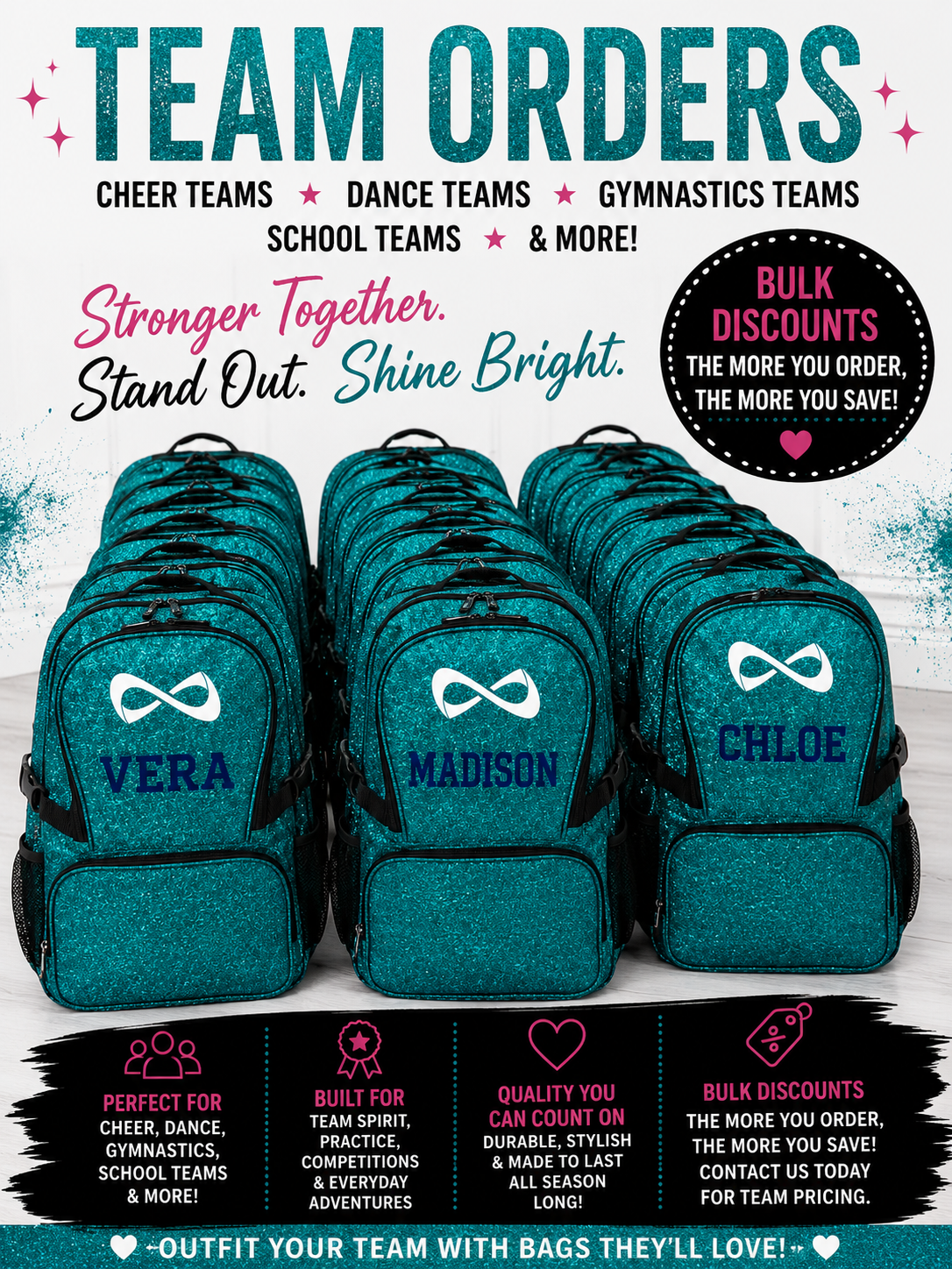 Personalized Nfinity Teal Cheer Backpack – Custom Name Sparkle Cheer Bag with Classic Design (Copy)
