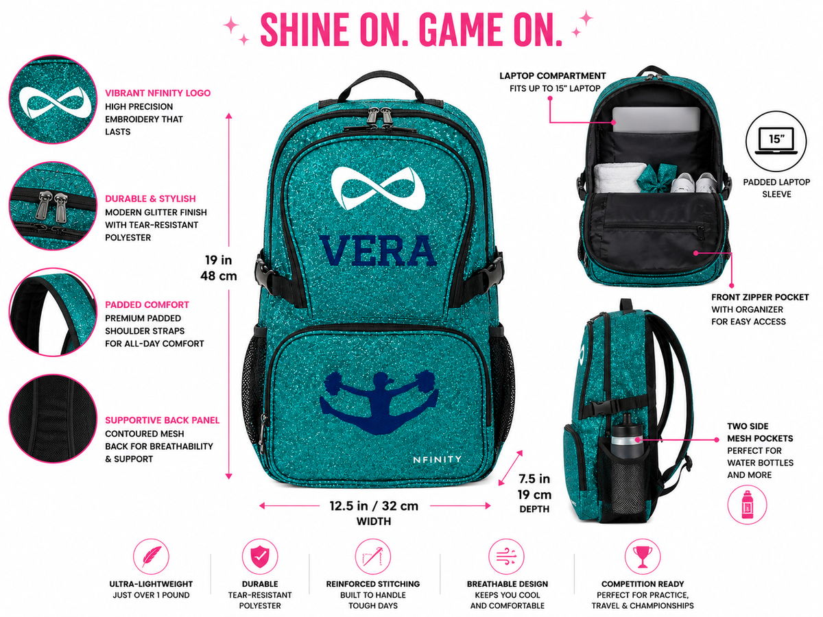 Personalized Nfinity Teal Cheer Backpack – Custom Name Sparkle Cheer Bag with Classic Design (Copy)