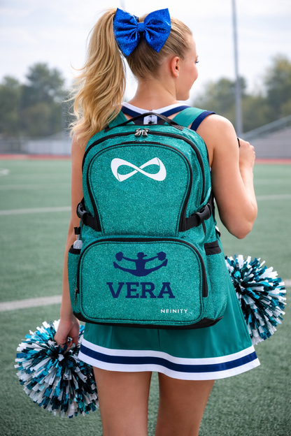 Personalized Nfinity Teal Cheer Backpack – Custom Name Sparkle Cheer Bag with Classic Design