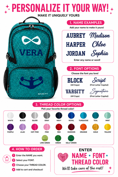 Personalized Nfinity Teal Cheer Backpack – Custom Name Sparkle Cheer Bag with Classic Design (Copy)