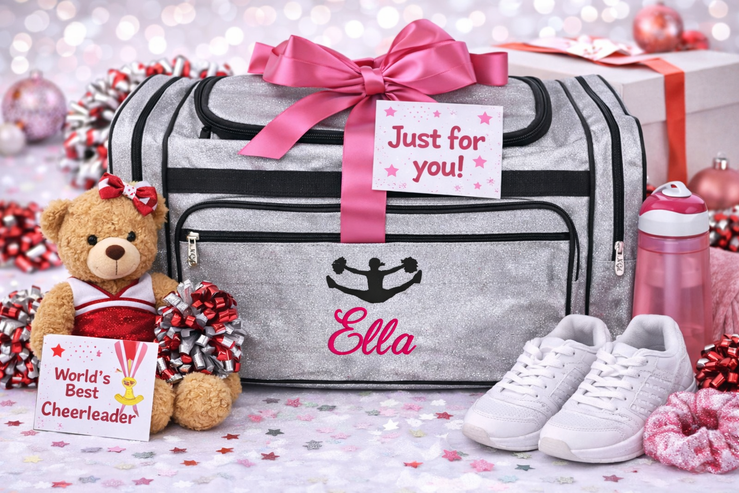 Personalized Silver Cheerleading Duffle Bag – Custom Name Glitter Cheer Gear Bag
