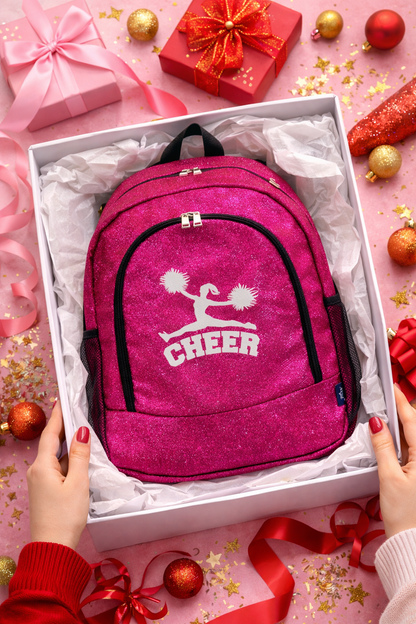 Personalized Cheer Backpack – Hot Pink Glitter Cheerleading Bag with Name (CHEER Design)