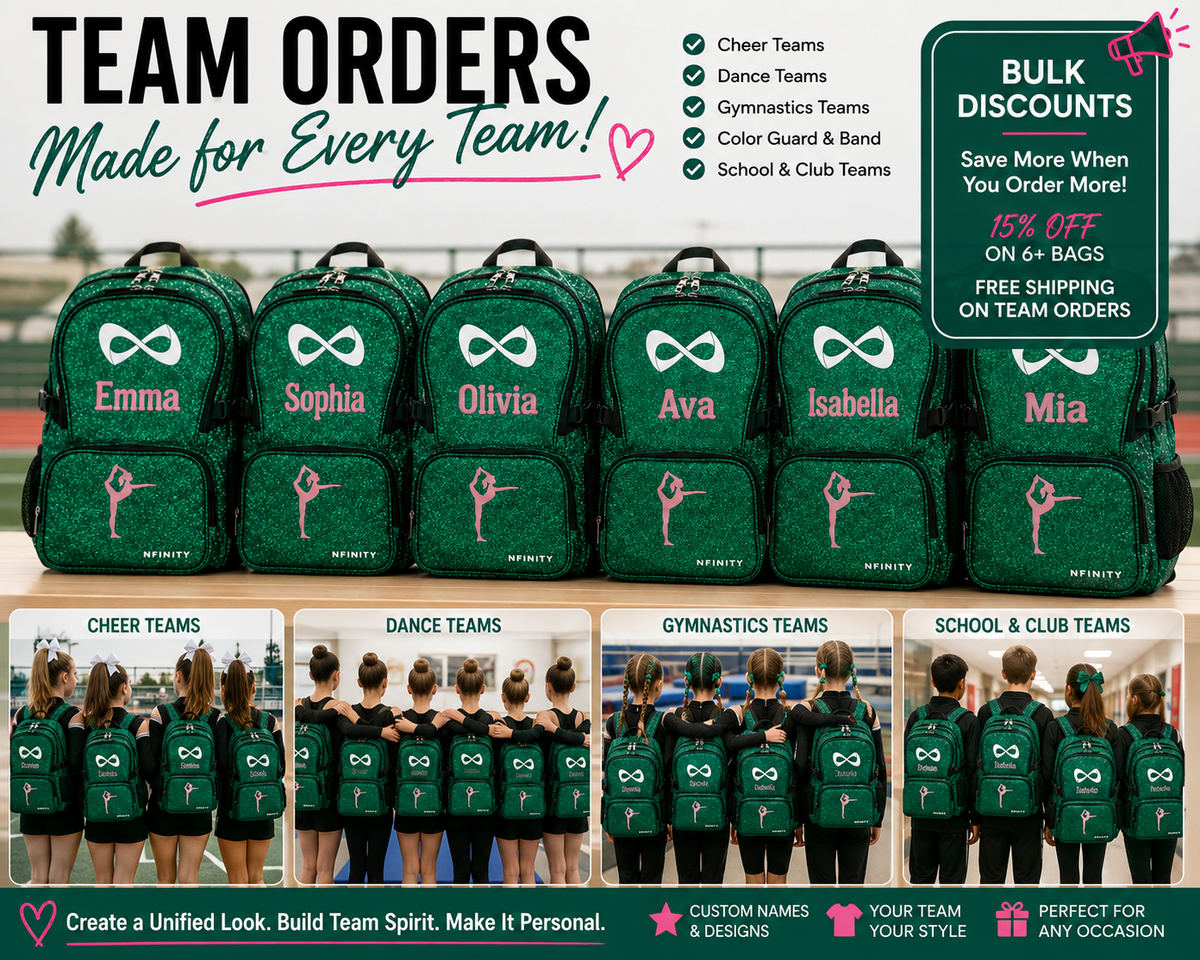 Personalized Emerald Green Nfinity Sparkle Backpack | Custom Embroidered Cheer, Dance & Gymnastics Competition Bag