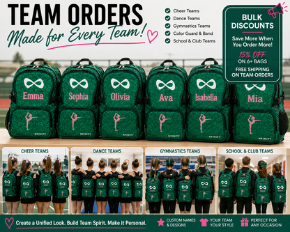 Personalized Emerald Green Nfinity Sparkle Backpack | Custom Embroidered Cheer, Dance & Gymnastics Competition Bag
